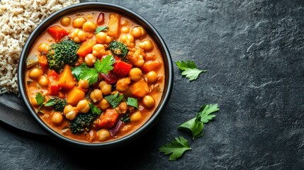 Chickpea and vegetable curry served with a side of brown rice, styled for a rich, nourishing plant-based meal