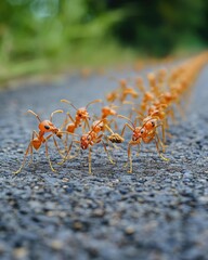 A line of orange ants marching along a textured path in a natural setting.