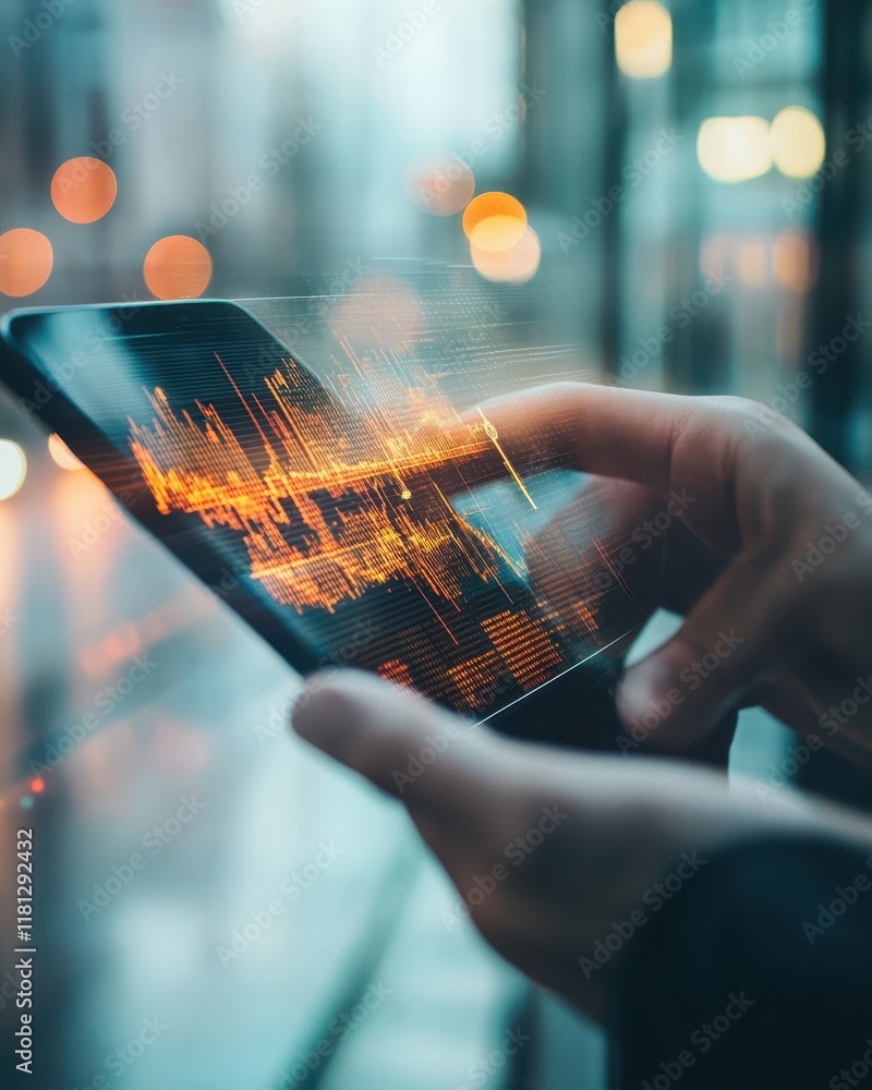 Poster analyzing financial market data on a smartphone device: a close-up view of a person reviewing stock 