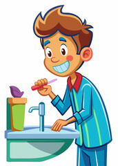 Teenager brushing teeth at bathroom sink. Young boy practicing oral hygiene, smiling in mirror while using toothbrush, morning routine in clean modern restroom.

