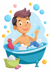 Naklejka premium Teenager taking a bath with bubbles and bath toys, relaxing in bathtub, enjoying warm water, hygiene and self-care routine. 