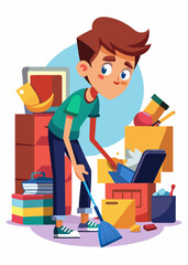 Teen boy doing home cleaning, organizing messy room, wiping dust off shelves, sweeping floor