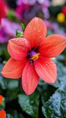 A vibrant orange flower with droplets, surrounded by lush greenery.