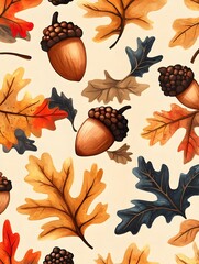 pattern of autumn acorns and oak leaves on a warm beige background