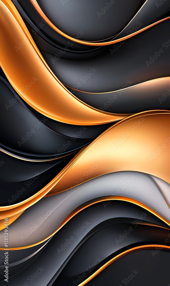 Poster an abstract design featuring flowing waves of black, gold, and silver, creating a modern and elegant