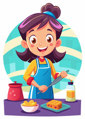 Adorable girl cooking in the kitchen, happily preparing a healthy snack. Little chef using fresh ingredients, focused on making a tasty homemade treat.
