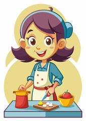 Adorable girl cooking in the kitchen, happily preparing a healthy snack. Little chef using fresh ingredients, focused on making a tasty homemade treat.
