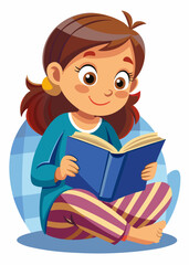  Cute little girl reading a picture book in cozy night dress. Adorable child enjoying bedtime story, holding colorful illustrated book
