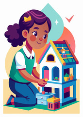 Cute girl setting up a dollhouse with toys. Adorable child playing with miniature furniture and tiny figurines, arranging a toy home with creativity and joy.