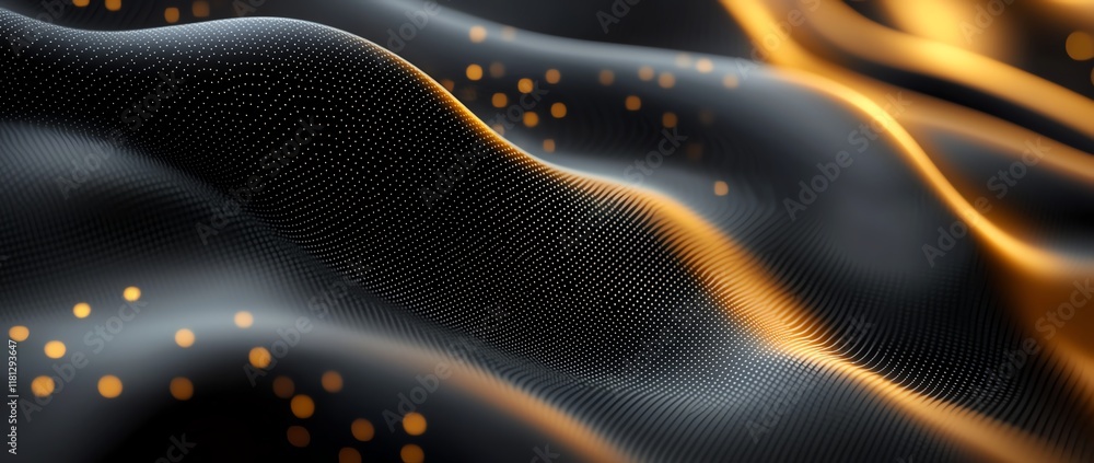Poster an abstract representation of flowing waves in dark fabric with golden highlights, creating a sense 