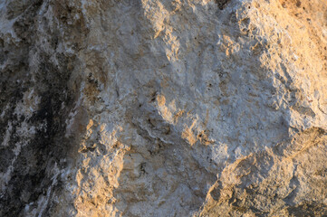 Textured surface of weathered rock reflecting warm sunlight at sunset in a serene landscape