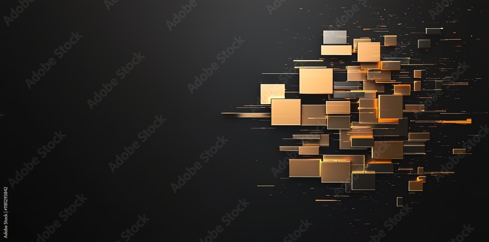 Poster a dynamic abstract composition featuring floating golden squares against a dark background, evoking 