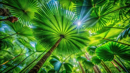 Low-angle architectural shot of a Licuala palm, its fronds arching against the Daintree Rainforest backdrop.