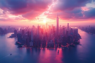 Obraz premium High-speed drone action capturing stunning sunset over new york city aerial photography urban environment vibrant viewpoint