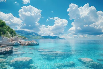 Fototapeta premium Tranquil blue waters and scenic clouds over a coastal landscape with rocky shoreline