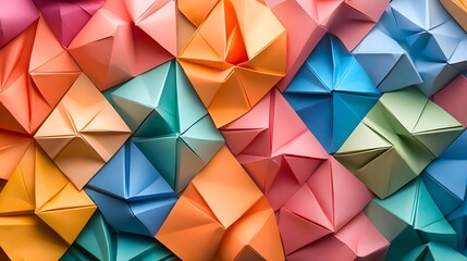 pattern of colorful origami shapes arranged symmetrically.