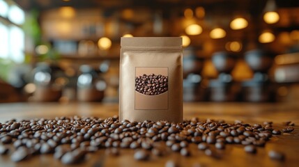 Close-up of a small-batch coffee bag with a custom label, surrounded by freshly roasted beans on a wooden table