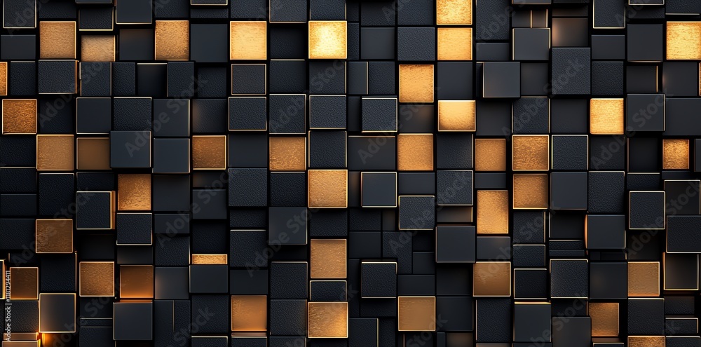 Poster a striking abstract texture featuring a mosaic of black and gold squares. this visually appealing de