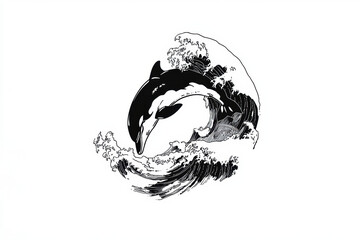 Doodle illustration of dolphin swimming in ocean waves, showcasing elegance