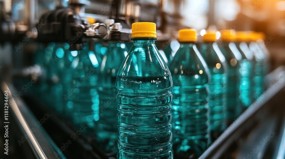 Poster close-up of automated capping machines sealing water bottles at high speed, capturing the precision 
