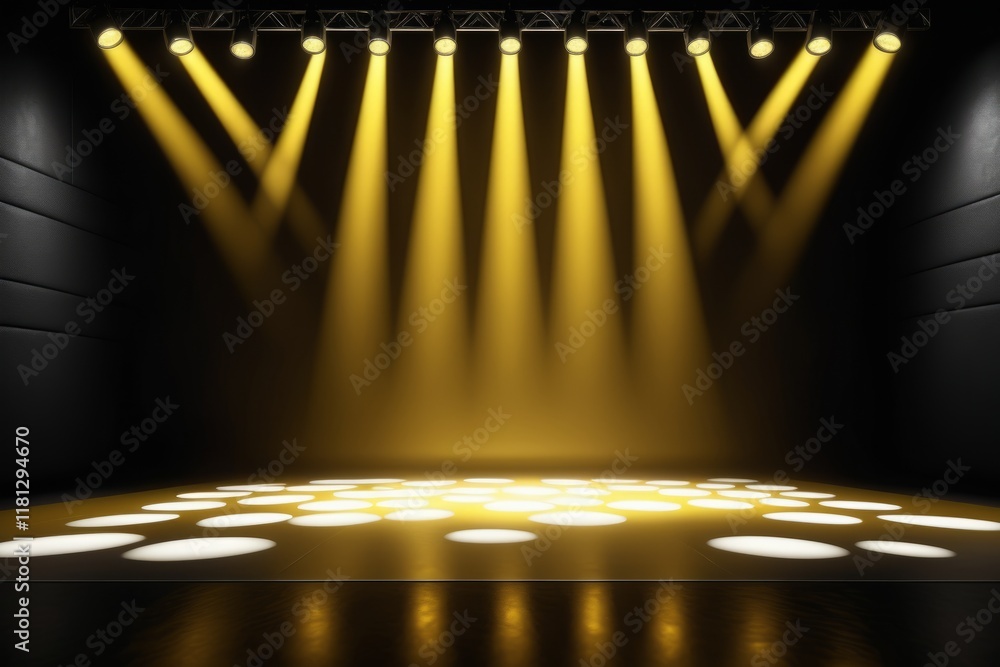 Poster a stage with a spotlight illuminated by soft lighting, creating an empty, dark space with a gallery-
