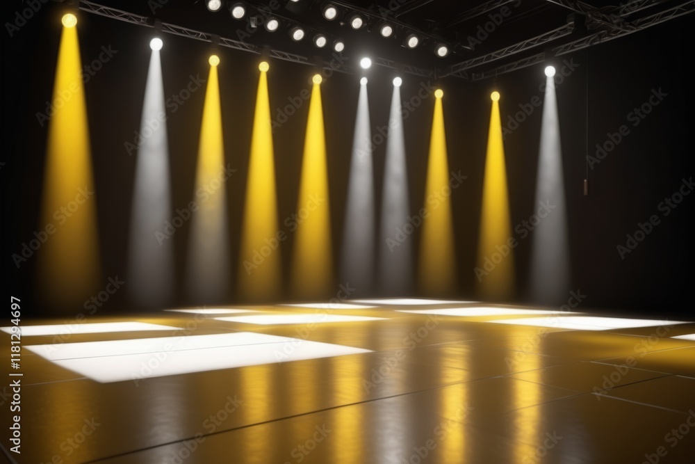 Poster a stage with a spotlight illuminated by soft lighting, creating an empty, dark space with a gallery-