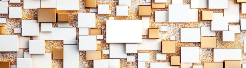 A visually appealing wall composed of various-sized white and gold geometric panels, creating a modern and stylish backdrop perfect for interior design and architectural inspiratio