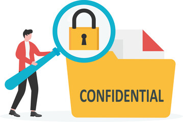 Yellow folder with confidential documents. Sensitive data and information. Data protection. Secure account,
