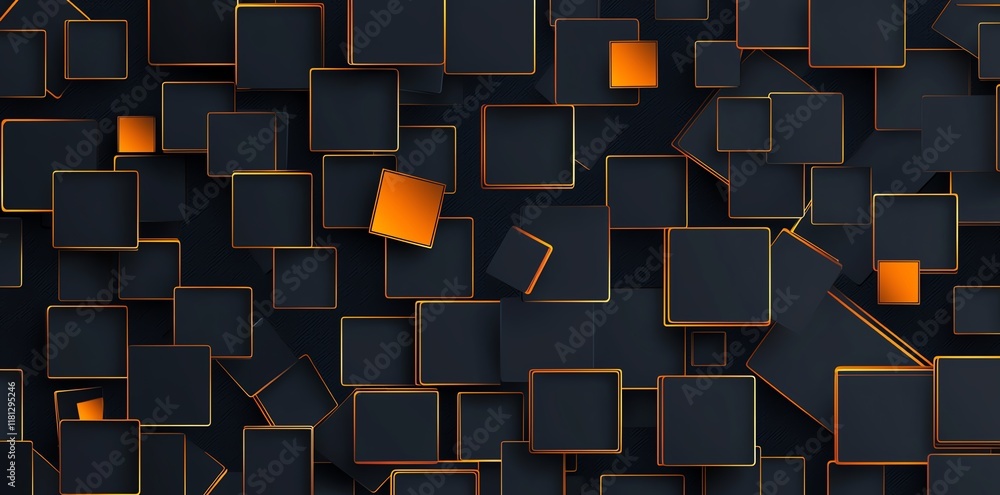 Poster this abstract design features a dynamic array of overlapping squares in shades of black and orange, 