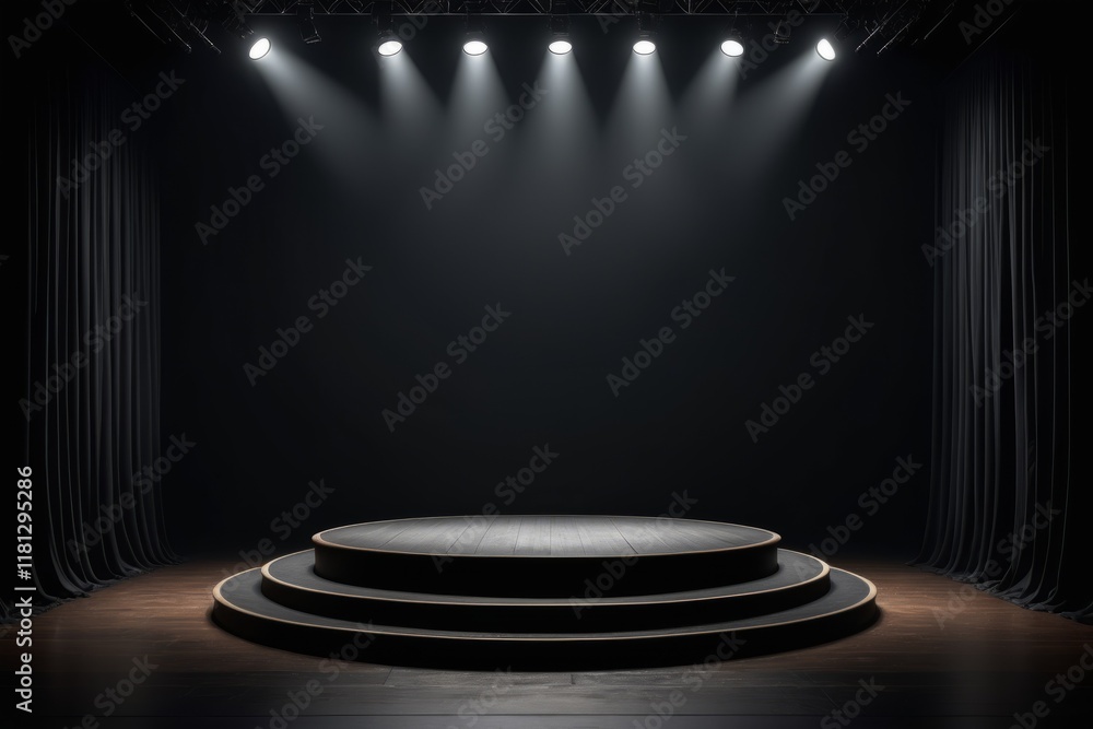 Poster a stage with a spotlight illuminated by soft lighting, creating an empty, dark space with a gallery-