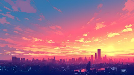 Naklejka premium Modern city skyline at sunset, showcasing a vibrant, colorful sky and silhouette of skyscrapers