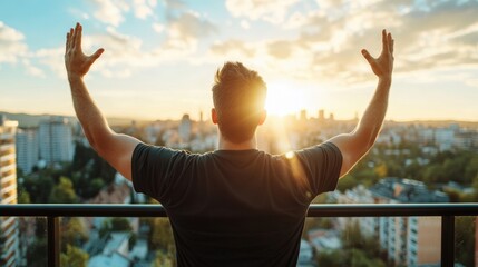 Person Celebrating Sunrise Over City Skyline at Balcony