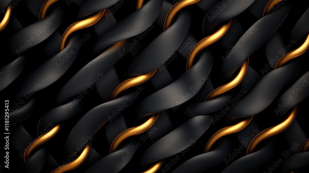 Poster a close-up view of intertwined black and gold ribbons, creating a seamless pattern of elegance and s