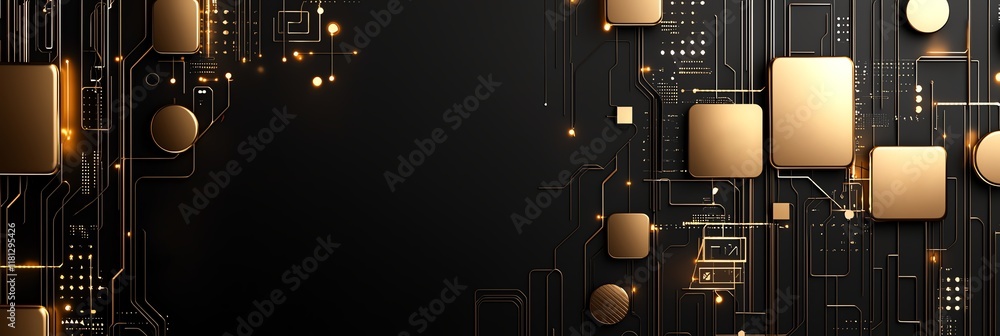 Poster a sleek digital background featuring intricate circuit patterns and golden elements. perfect for tec