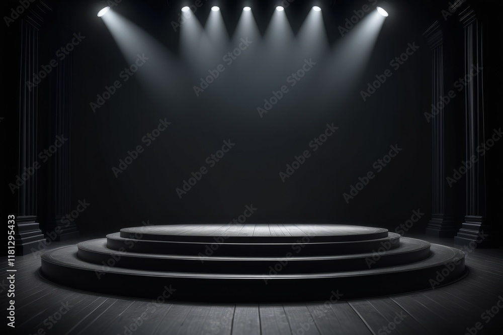 Poster a stage with a spotlight illuminated by soft lighting, creating an empty, dark space with a gallery-