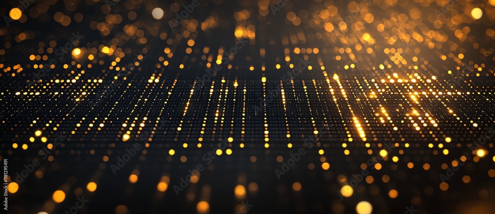Poster a mesmerizing abstract background featuring shimmering golden dots and lines, creating a digital wav