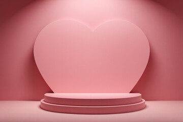 Empty pastel pink podium on flat abstract pink background with heart shape and copy space. Platform for product placement or montage, promotion, mock up. Wedding, Mother's Day or Valentine's Day.