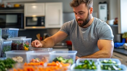 Fototapeta premium Meal Prep with Healthy Ingredients by Focused Young Man at Kitchen