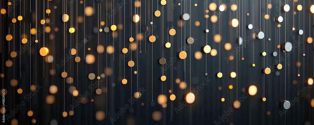 Poster an abstract background featuring a cascade of golden and silver light circles against a dark backdro