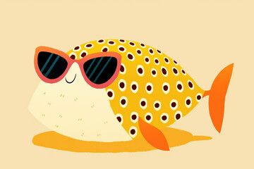 Fototapeta premium cheerful pufferfish wearing sunglasses, relaxing on sandy beach