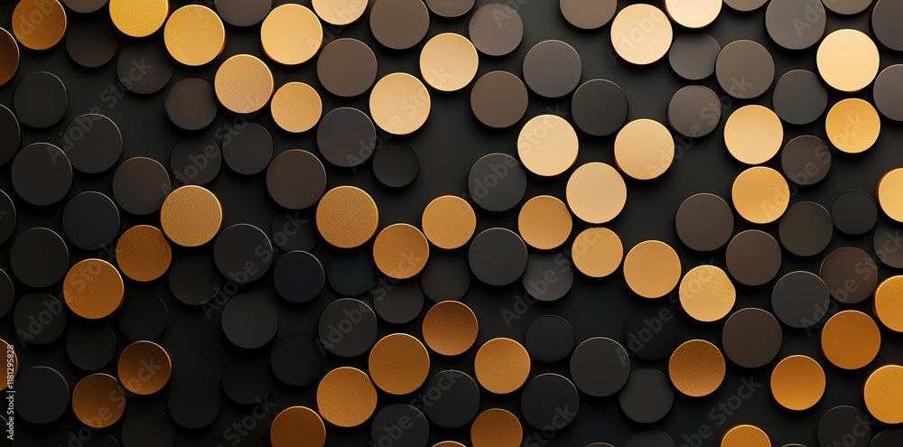 Poster an abstract design featuring an array of circular shapes in gold and black tones, creating a modern 