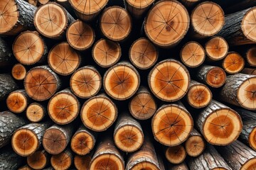 A stack of neatly arranged firewood in a forest with brown logs and visible bark, showcasing the natural texture of wood and its industrial use