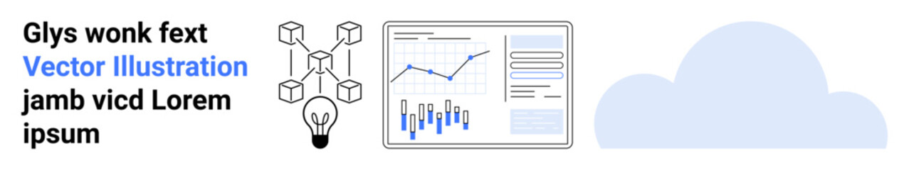 Light blue cloud shape, statistical chart on a screen, networking and nodes with a light bulb, random text. Ideal for IT, data visualization, cloud storage, analytics, innovation, tech education