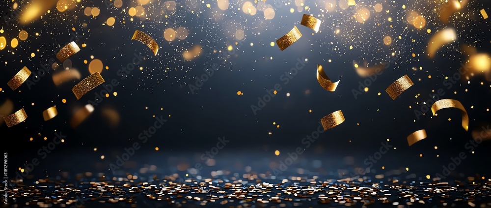 Poster a vibrant display of golden confetti cascading through the air, creating a festive atmosphere