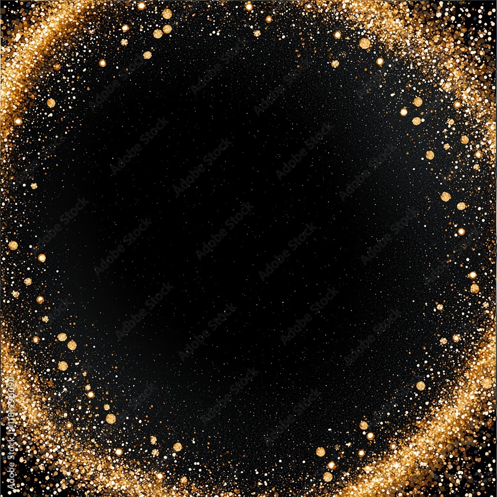 Poster a stunning circular frame filled with sparkling golden particles against a deep black background, pe