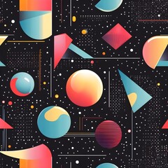A seamless pattern of geometric shapes floating in a zero-gravity effect. 