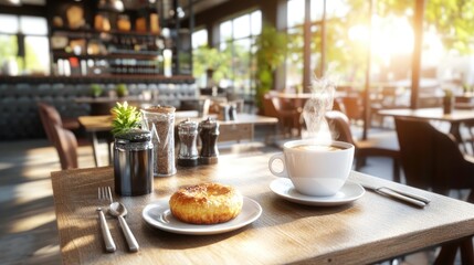 A cozy cafe setting with a cup of coffee and a pastry on a wooden table.