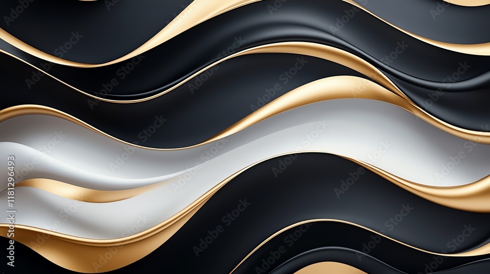 Poster an elegant abstract background featuring smooth, flowing waves in shades of black, white, and gold. 