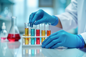 Close-up of hands of a scientist arranging test tubes filled with colored liquids in a research laboratory. Hands of a researcher handling test tubes with colored liquids in a scientific laboratory.