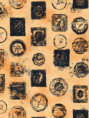 A seamless pattern of handmade stamps in earthy tones on kraft paper.